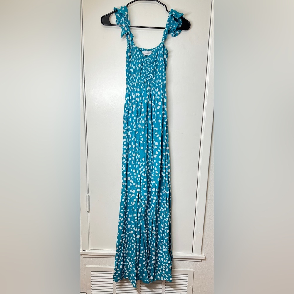 Tiare Hawaii Teal Blue White Polka Dot Sleeveless Smocked Bust Maxi Dress O/S